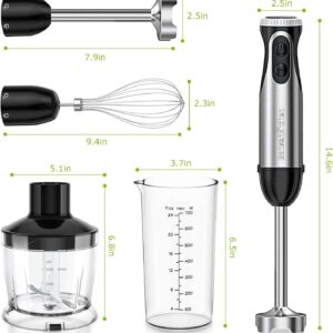 bonsenkitchen 4 in 1 immersion blender handheld, 20 speeds hand blender with turbo mode, stainless steel blade, egg whisk, beaker & chopper bowl, stick mixer for soup, smoothie, puree, baby food