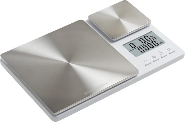 KitchenAid KQ909 Dual Platform Digital Kitchen and Food Scale, 11 pound capacity and Precision 16oz capacity, White with Stainless Steel