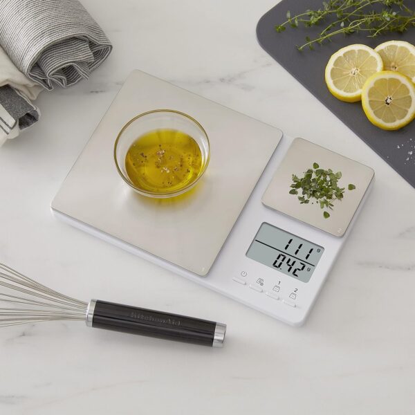 kitchenaid kq909 dual platform digital kitchen and food scale, 11 pound capacity and precision 16oz capacity, white with stainless steel