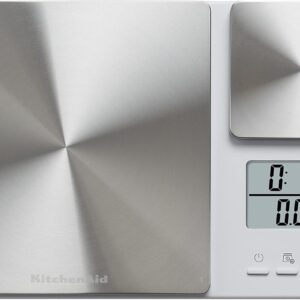 kitchenaid kq909 dual platform digital kitchen and food scale, 11 pound capacity and precision 16oz capacity, white with stainless steel