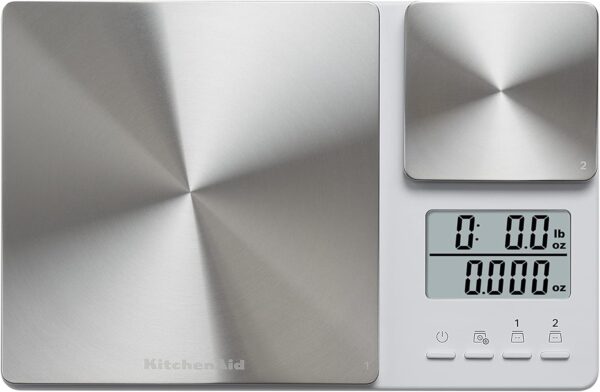 kitchenaid kq909 dual platform digital kitchen and food scale, 11 pound capacity and precision 16oz capacity, white with stainless steel