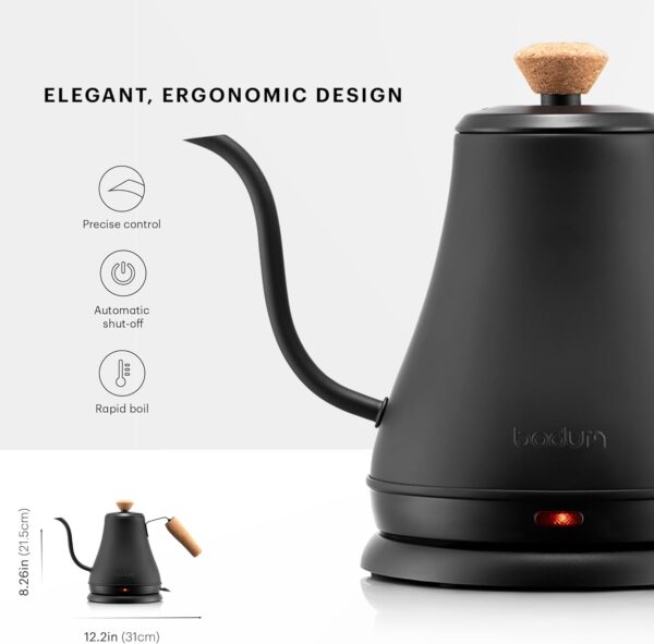 bodum 27oz bistro gooseneck electric water kettle, pour over coffee & tea, stainless steel, matte black
