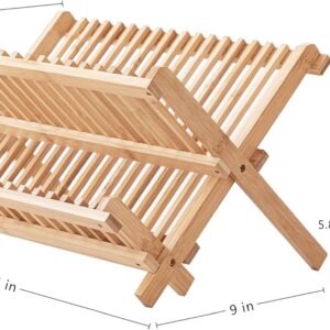 hblife dish rack, bamboo folding 2 tier collapsible drainer dish drying rack with utensils flatware holder set (dish rack with utensil holder)