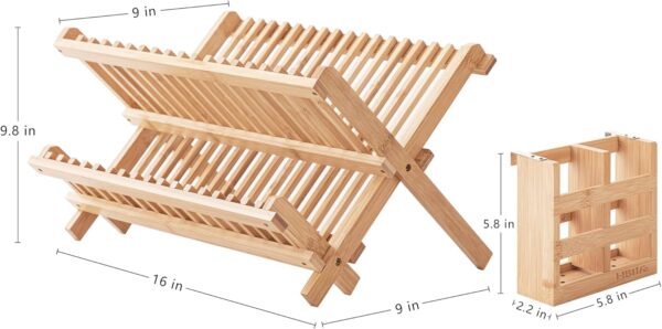 hblife dish rack, bamboo folding 2 tier collapsible drainer dish drying rack with utensils flatware holder set (dish rack with utensil holder)