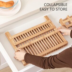 hblife dish rack, bamboo folding 2 tier collapsible drainer dish drying rack with utensils flatware holder set (dish rack with utensil holder)