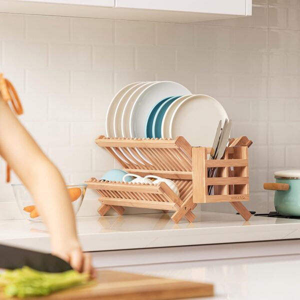 hblife dish rack, bamboo folding 2 tier collapsible drainer dish drying rack with utensils flatware holder set (dish rack with utensil holder)