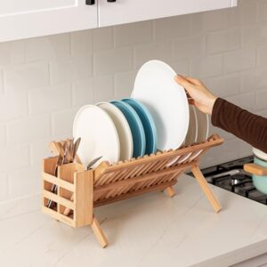 hblife dish rack, bamboo folding 2 tier collapsible drainer dish drying rack with utensils flatware holder set (dish rack with utensil holder)