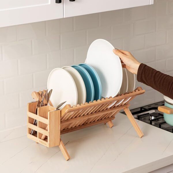 hblife dish rack, bamboo folding 2 tier collapsible drainer dish drying rack with utensils flatware holder set (dish rack with utensil holder)