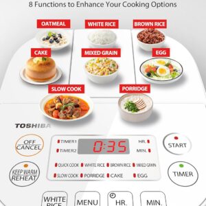 toshiba mini rice cooker, 3 cups uncooked small rice cooker, steamer & warmer, with fuzzy logic and one touch cooking, 24 hour delay timer and auto keep warm feature, white