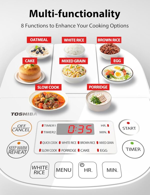 toshiba mini rice cooker, 3 cups uncooked small rice cooker, steamer & warmer, with fuzzy logic and one touch cooking, 24 hour delay timer and auto keep warm feature, white