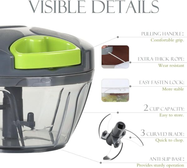ourokhome manual food processor vegetable chopper, portable hand pull string garlic mincer onion cutter for veggies, ginger, fruits, nuts, herbs, etc., 500ml, grey