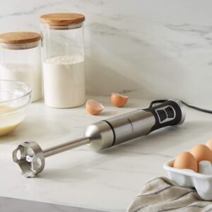 amazon basics multi speed immersion hand blender for kitchen mixing, smoothies, soups, 500 watt powerful, silver