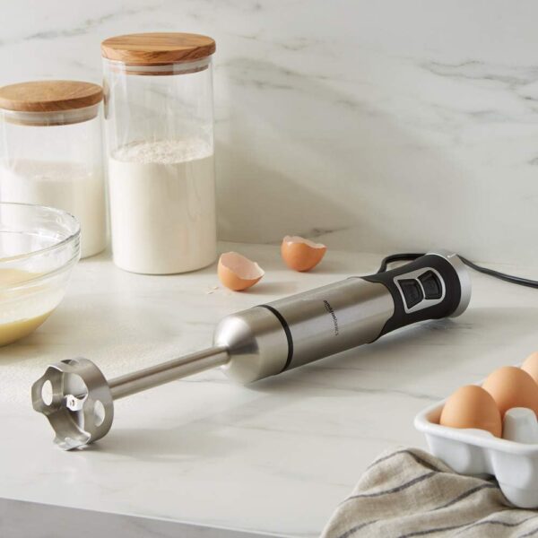 amazon basics multi speed immersion hand blender for kitchen mixing, smoothies, soups, 500 watt powerful, silver