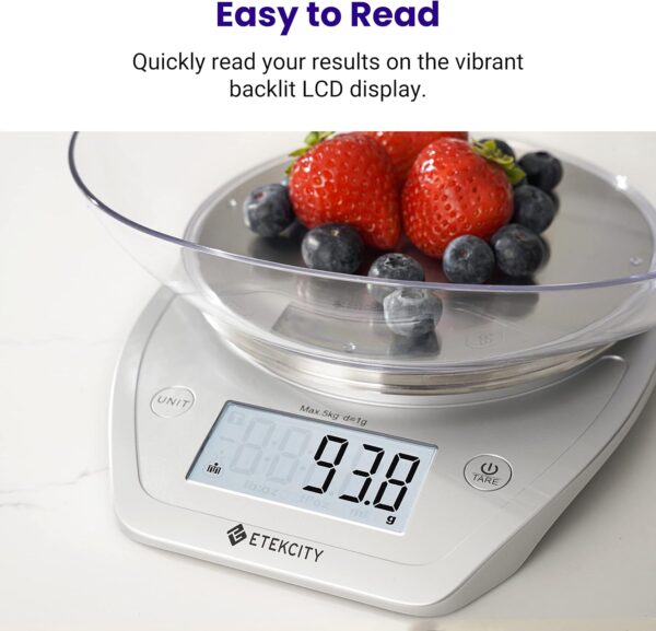 etekcity 0.1g food kitchen scale, bowl, digital grams and ounces for weight loss, dieting, baking, cooking, and meal prep, 11lb/5kg, stainless steel silver