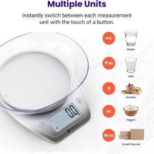 etekcity 0.1g food kitchen scale, bowl, digital grams and ounces for weight loss, dieting, baking, cooking, and meal prep, 11lb/5kg, stainless steel silver