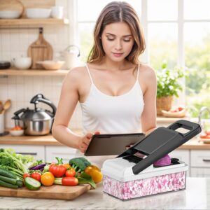 12 in 1 vegetable chopper, 7 blades veggie chopper with container and lid, dicer, slicer, multifunctional kitchen gadgets, vegetable cutter with handle, onion cutter(black/white)