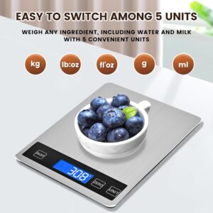 33lb food scale, digital kitchen scale batteries and usb charging,1g/0.05oz precise graduation, waterproof stainless steel with lcd display weight grams and oz for cooking baking (stainless steel)