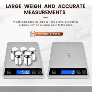 33lb food scale, digital kitchen scale batteries and usb charging,1g/0.05oz precise graduation, waterproof stainless steel with lcd display weight grams and oz for cooking baking (stainless steel)