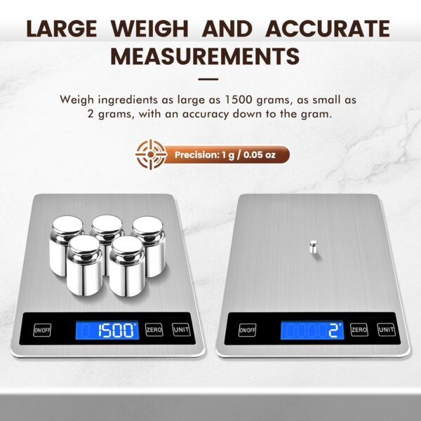 33lb food scale, digital kitchen scale batteries and usb charging,1g/0.05oz precise graduation, waterproof stainless steel with lcd display weight grams and oz for cooking baking (stainless steel)