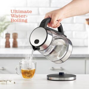 speed boil electric kettle for coffee & tea 1.7l water boiler 1500w, borosilicate glass, easy clean wide opening, auto shut off, cool touch handle, led light. 360° rotation, boil dry protection