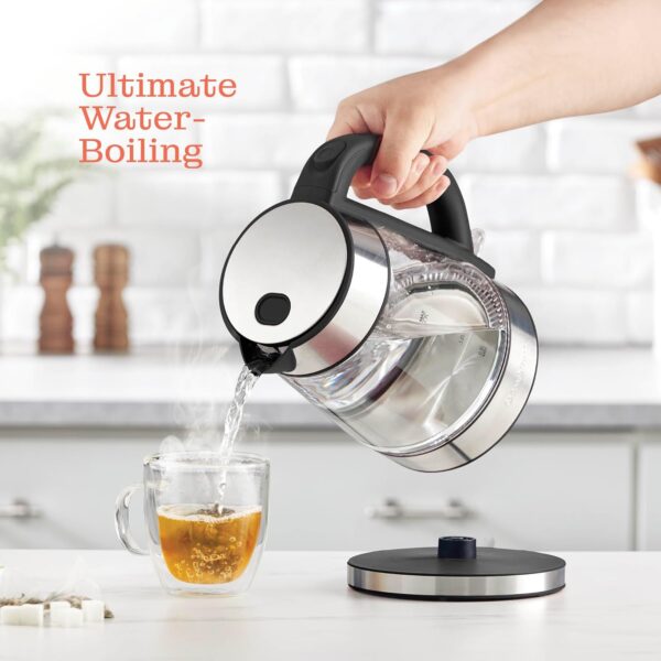 speed boil electric kettle for coffee & tea 1.7l water boiler 1500w, borosilicate glass, easy clean wide opening, auto shut off, cool touch handle, led light. 360° rotation, boil dry protection
