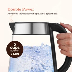 speed boil electric kettle for coffee & tea 1.7l water boiler 1500w, borosilicate glass, easy clean wide opening, auto shut off, cool touch handle, led light. 360° rotation, boil dry protection