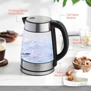 speed boil electric kettle for coffee & tea 1.7l water boiler 1500w, borosilicate glass, easy clean wide opening, auto shut off, cool touch handle, led light. 360° rotation, boil dry protection