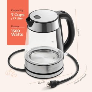 speed boil electric kettle for coffee & tea 1.7l water boiler 1500w, borosilicate glass, easy clean wide opening, auto shut off, cool touch handle, led light. 360° rotation, boil dry protection