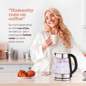 speed boil electric kettle for coffee & tea 1.7l water boiler 1500w, borosilicate glass, easy clean wide opening, auto shut off, cool touch handle, led light. 360° rotation, boil dry protection