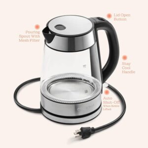speed boil electric kettle for coffee & tea 1.7l water boiler 1500w, borosilicate glass, easy clean wide opening, auto shut off, cool touch handle, led light. 360° rotation, boil dry protection