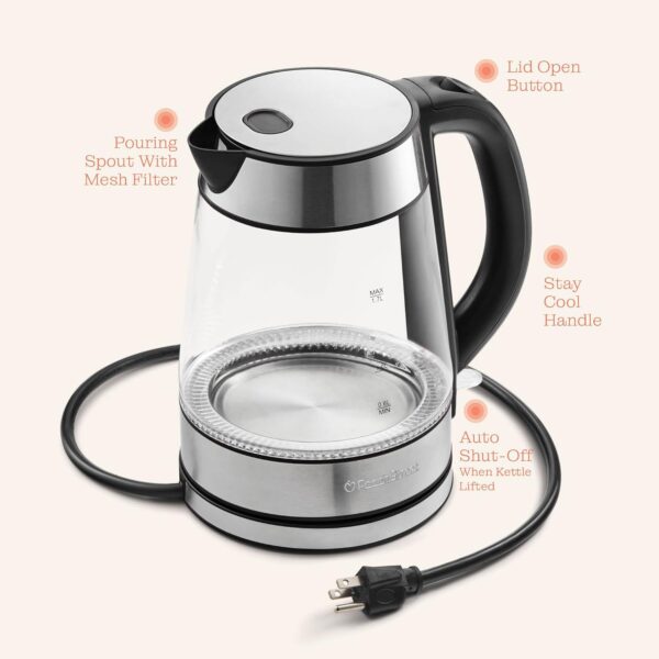 speed boil electric kettle for coffee & tea 1.7l water boiler 1500w, borosilicate glass, easy clean wide opening, auto shut off, cool touch handle, led light. 360° rotation, boil dry protection