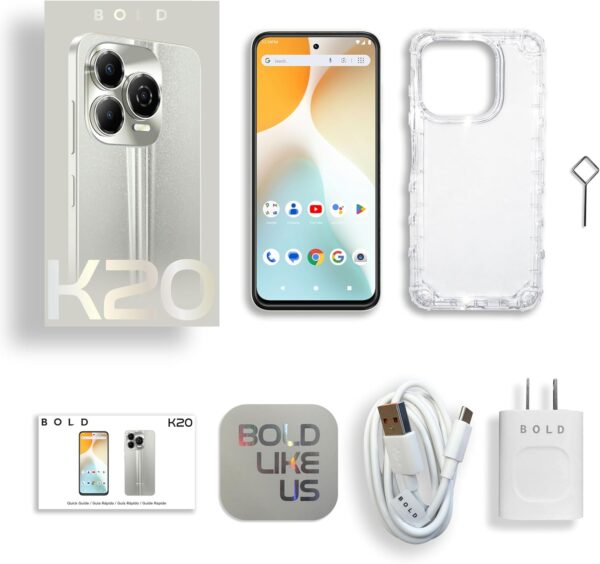 bold k20 | 2025 | all day battery | unlocked | 6.7” hd+ infinity dot display | 256/4gb | triple 50mp camera | us version | us warranty | (silver)