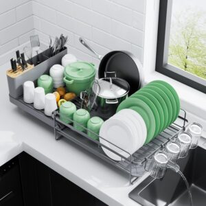 Kitsure Large Dish Drying Rack - Extendable Dish Rack, Multifunctional Dish Rack for Kitchen Counter, Anti-Rust Dish Drainers with Cutlery & Cup Holders 19.2"-26.7" L x 12.9" W, Grey