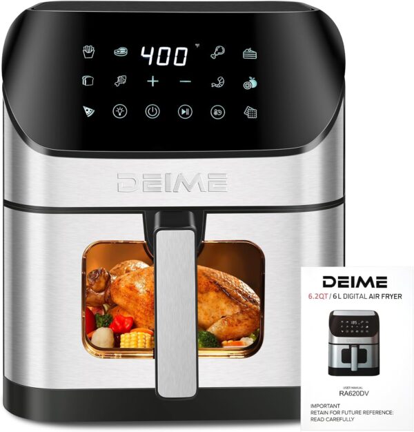 deime air fryer 6.2 qt oilless 1500w large capacity oven air fryers healthy cooker with 10 preset, visual cooking window, non stick basket, included recipe
