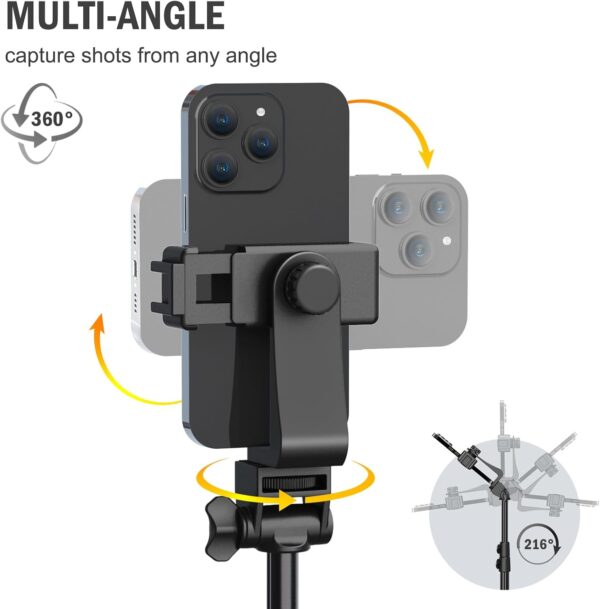 64” tripod for cell phone & camera, phone tripod with remote and phone holder, sturdy & stable height adjustable multi angle shot selfie stick tripod for video recording