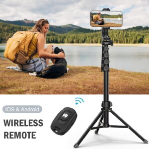 64” tripod for cell phone & camera, phone tripod with remote and phone holder, sturdy & stable height adjustable multi angle shot selfie stick tripod for video recording
