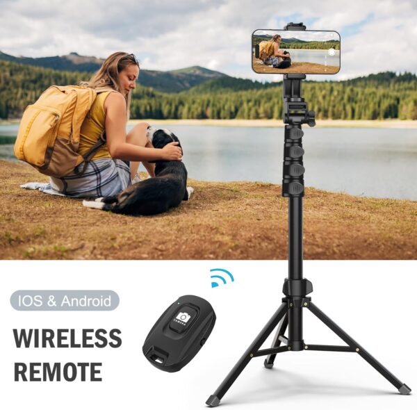 64” tripod for cell phone & camera, phone tripod with remote and phone holder, sturdy & stable height adjustable multi angle shot selfie stick tripod for video recording