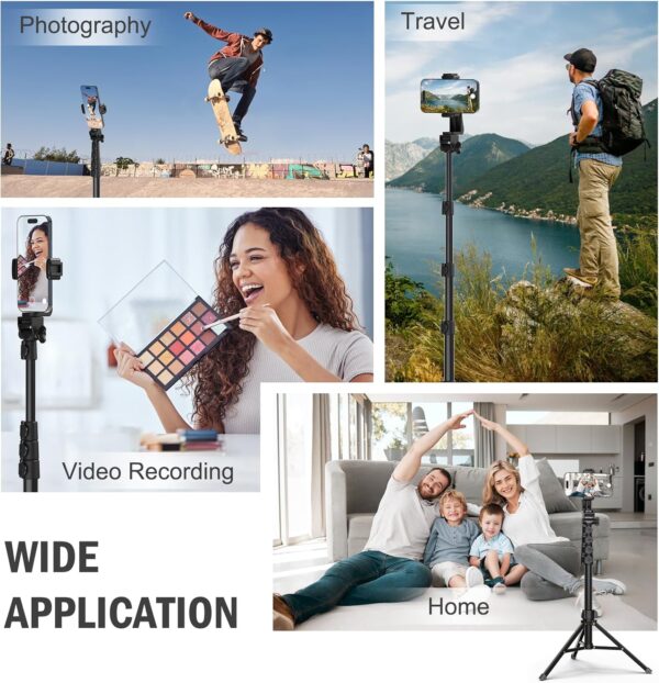 64” tripod for cell phone & camera, phone tripod with remote and phone holder, sturdy & stable height adjustable multi angle shot selfie stick tripod for video recording