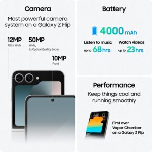 samsung galaxy z flip6, 256gb unlocked android smartphone, flexcam, photo assist, camcorder mode, live interpreter, foldable design, pocket sized portability, 2024, us 1 yr warranty, silver shadow