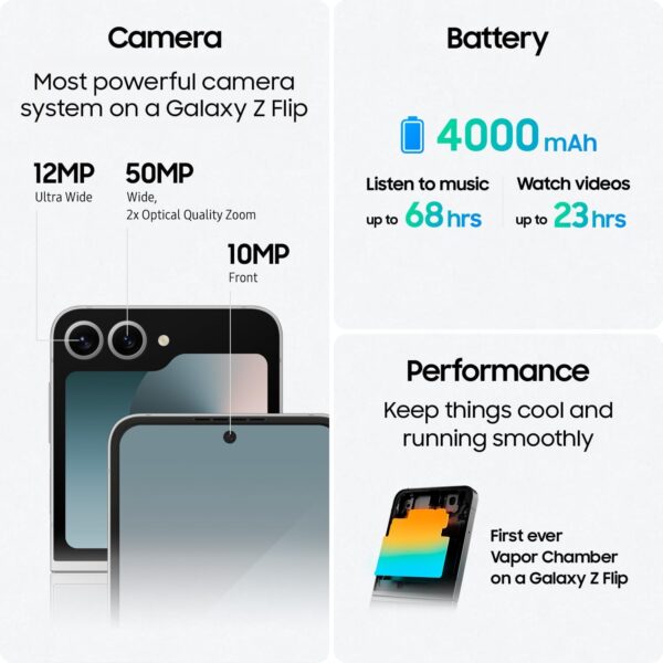 samsung galaxy z flip6, 256gb unlocked android smartphone, flexcam, photo assist, camcorder mode, live interpreter, foldable design, pocket sized portability, 2024, us 1 yr warranty, silver shadow