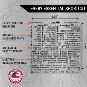 synerlogic mac os shortcuts sticker | keyboard stickers for macos | no residue laminated vinyl macbook cheatsheet for laptop | macbook shortcuts 2025 (clear/black)