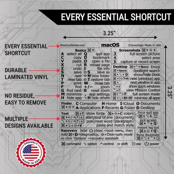 synerlogic mac os shortcuts sticker | keyboard stickers for macos | no residue laminated vinyl macbook cheatsheet for laptop | macbook shortcuts 2025 (clear/black)