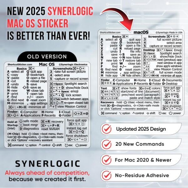 synerlogic mac os shortcuts sticker | keyboard stickers for macos | no residue laminated vinyl macbook cheatsheet for laptop | macbook shortcuts 2025 (clear/black)