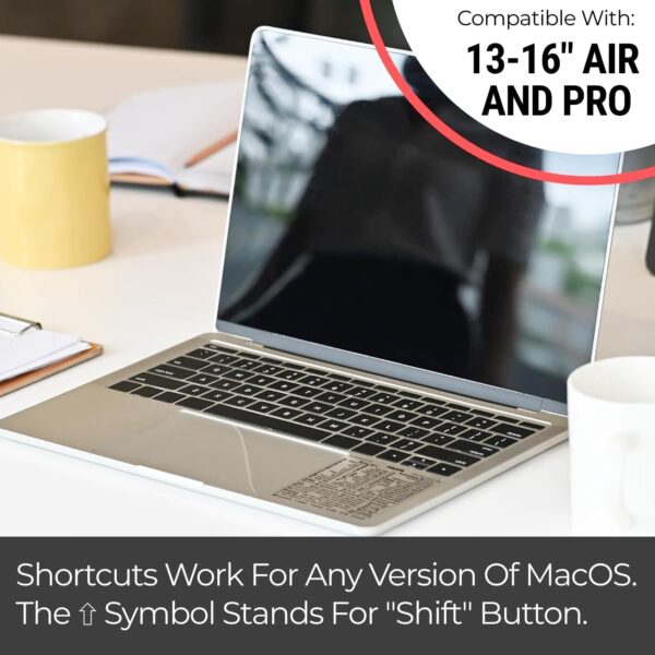 synerlogic mac os shortcuts sticker | keyboard stickers for macos | no residue laminated vinyl macbook cheatsheet for laptop | macbook shortcuts 2025 (clear/black)