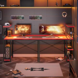 bestier gaming desk with led lights, 44 inch pc gamer desk for small spaces, computer desk with reversible storage shelves & side storage bag (black 3d carbon fiber)