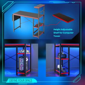 bestier gaming desk with led lights, 44 inch pc gamer desk for small spaces, computer desk with reversible storage shelves & side storage bag (black 3d carbon fiber)