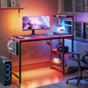 bestier gaming desk with led lights, 44 inch pc gamer desk for small spaces, computer desk with reversible storage shelves & side storage bag (black 3d carbon fiber)