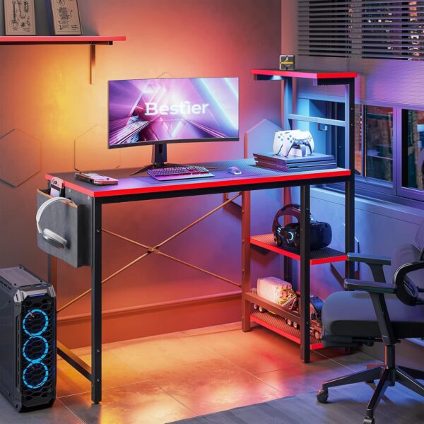 bestier gaming desk with led lights, 44 inch pc gamer desk for small spaces, computer desk with reversible storage shelves & side storage bag (black 3d carbon fiber)