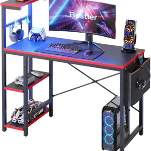 bestier gaming desk with led lights, 44 inch pc gamer desk for small spaces, computer desk with reversible storage shelves & side storage bag (black 3d carbon fiber)