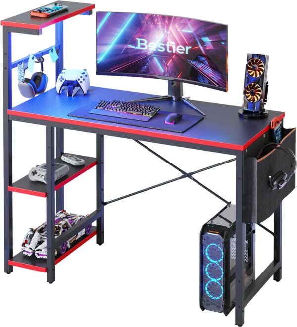 bestier gaming desk with led lights, 44 inch pc gamer desk for small spaces, computer desk with reversible storage shelves & side storage bag (black 3d carbon fiber)